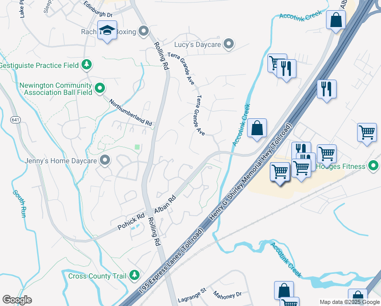 map of restaurants, bars, coffee shops, grocery stores, and more near 8416 Chillum Court in Springfield
