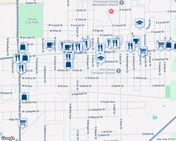 map of restaurants, bars, coffee shops, grocery stores, and more near 300 South Morgan Street in Olney