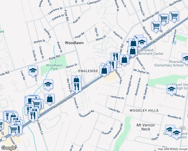map of restaurants, bars, coffee shops, grocery stores, and more near 8488 Richmond Highway in Alexandria