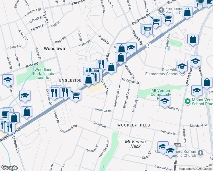 map of restaurants, bars, coffee shops, grocery stores, and more near 4200 Sonia Court in Alexandria