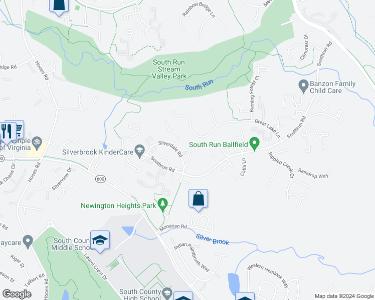 map of restaurants, bars, coffee shops, grocery stores, and more near 8504 Silverdale Road in Lorton