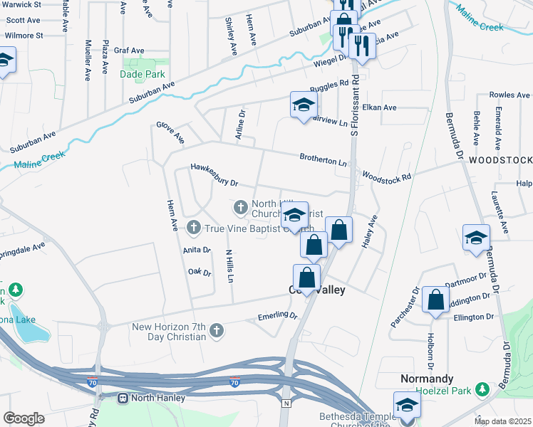 map of restaurants, bars, coffee shops, grocery stores, and more near 317 Yarmouth Lane in St. Louis