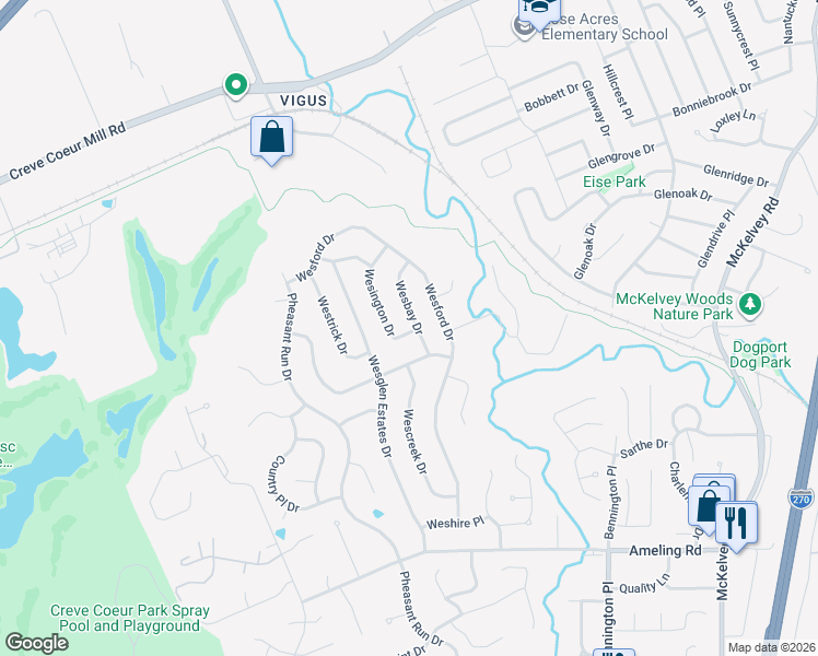 map of restaurants, bars, coffee shops, grocery stores, and more near 2415 Wesbay Drive in Maryland Heights