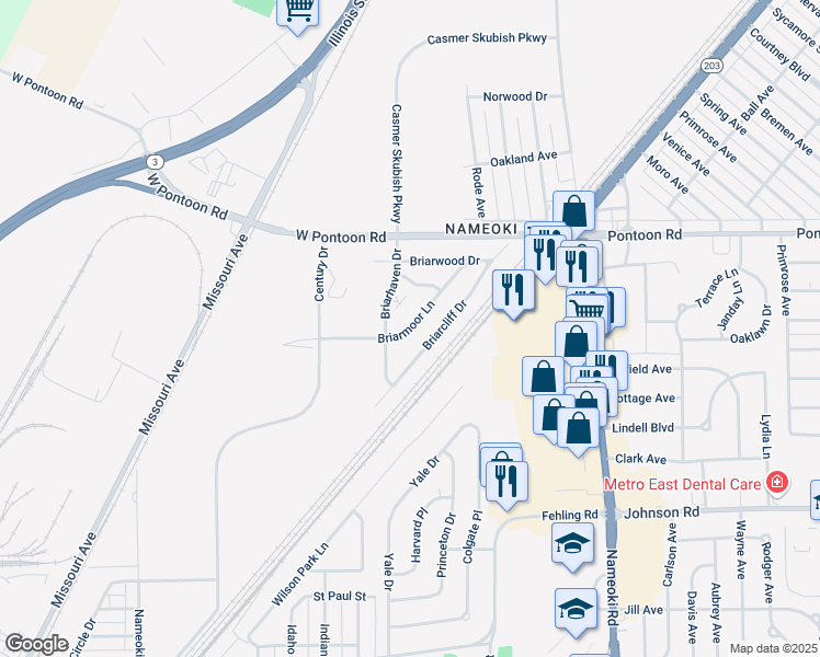 map of restaurants, bars, coffee shops, grocery stores, and more near Briarmoor Lane in Granite City