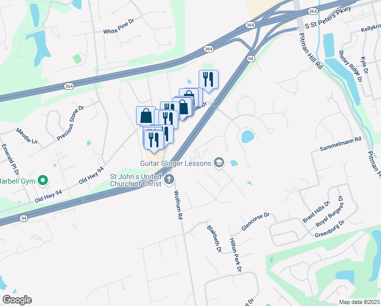 map of restaurants, bars, coffee shops, grocery stores, and more near 4123 Capri Way in St. Peters