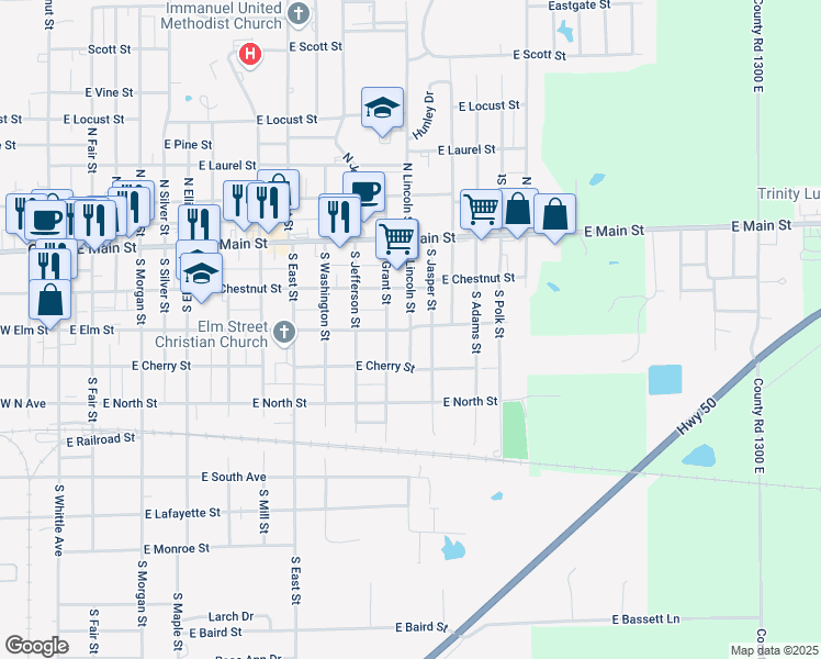 map of restaurants, bars, coffee shops, grocery stores, and more near 300 South Lincoln Street in Olney