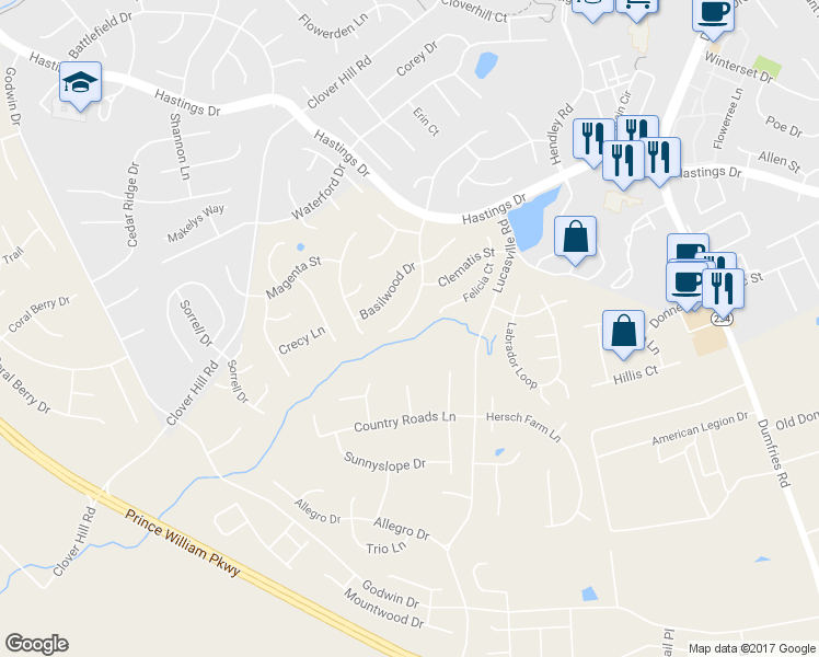map of restaurants, bars, coffee shops, grocery stores, and more near 10873 Peachwood Drive in Manassas