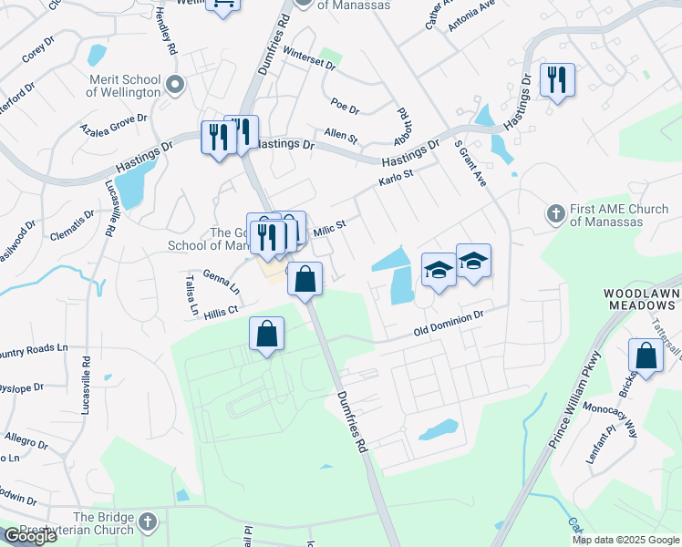 map of restaurants, bars, coffee shops, grocery stores, and more near 9240 Caspian Way in Manassas