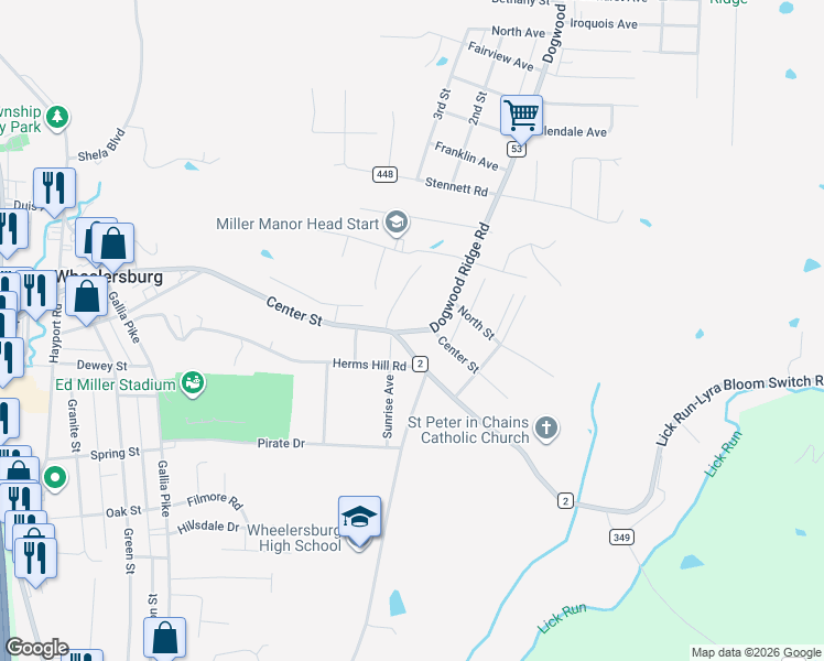map of restaurants, bars, coffee shops, grocery stores, and more near 992 Dogwood Ridge Road in Wheelersburg