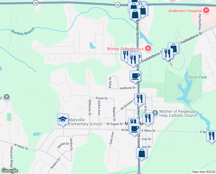 map of restaurants, bars, coffee shops, grocery stores, and more near 400 Anthony Drive in Maryville