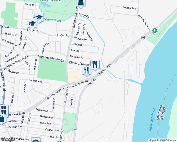 map of restaurants, bars, coffee shops, grocery stores, and more near 874 River Run Court in St. Louis