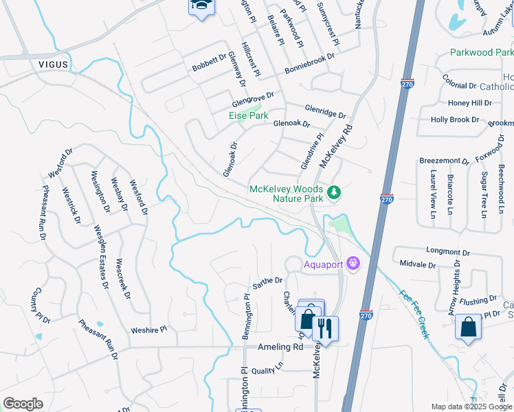 map of restaurants, bars, coffee shops, grocery stores, and more near 11942 Katiejo Court in Maryland Heights