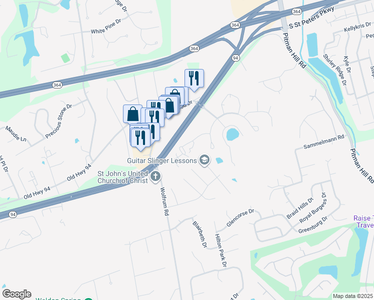 map of restaurants, bars, coffee shops, grocery stores, and more near 4123 Capri Way in St. Peters
