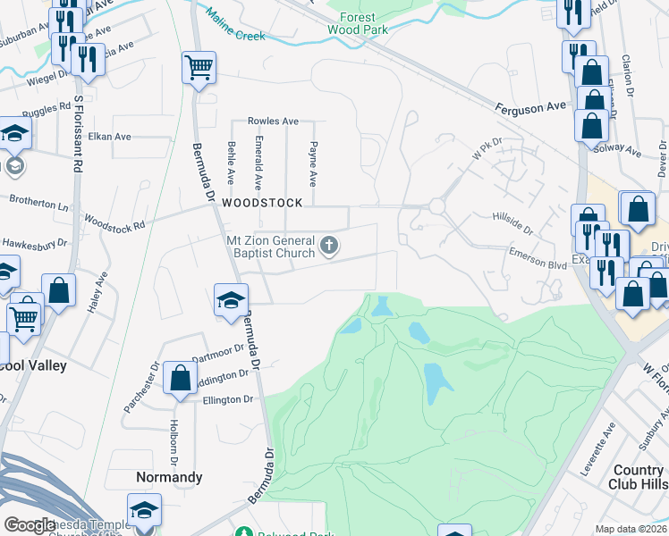 map of restaurants, bars, coffee shops, grocery stores, and more near 7454 Blanding Drive in Ferguson