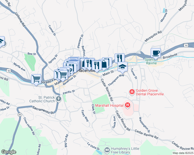 map of restaurants, bars, coffee shops, grocery stores, and more near 594 Main Street in Placerville