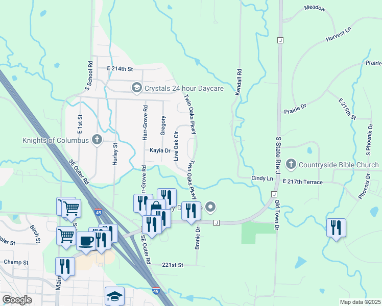 map of restaurants, bars, coffee shops, grocery stores, and more near 12414 Black Oak Circle in Peculiar