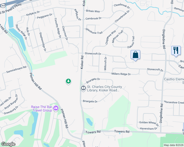 map of restaurants, bars, coffee shops, grocery stores, and more near 4117 Millers Ridge Drive in Saint Charles