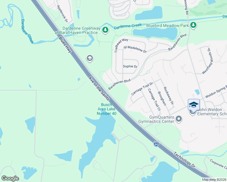 map of restaurants, bars, coffee shops, grocery stores, and more near 1030 Barathaven Boulevard in Dardenne Prairie
