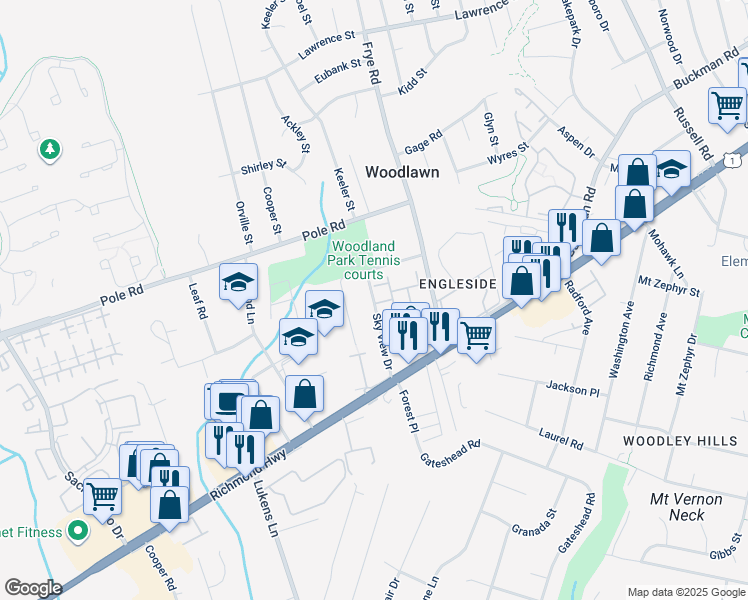 map of restaurants, bars, coffee shops, grocery stores, and more near 8419 Sky View Drive in Alexandria