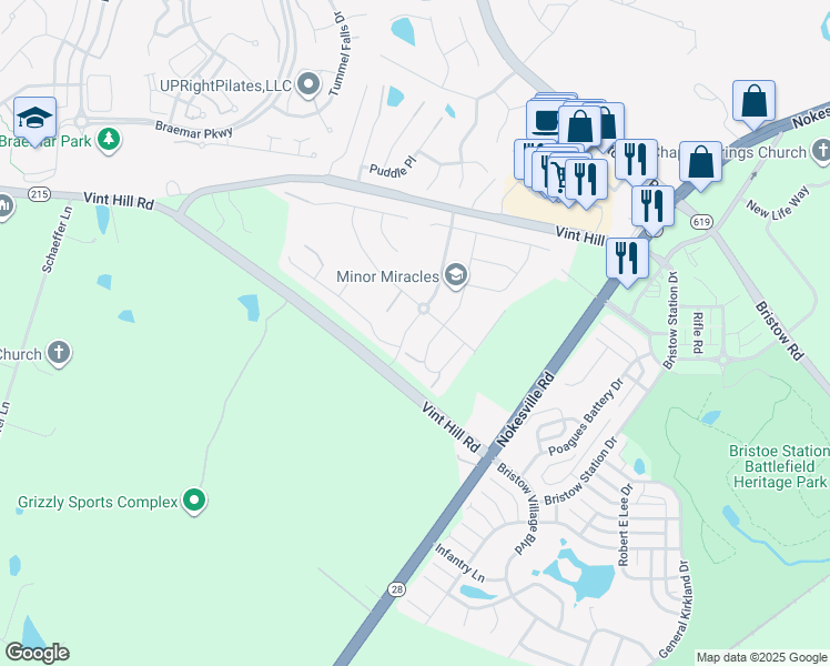 map of restaurants, bars, coffee shops, grocery stores, and more near 10385 Twin Leaf Drive in Bristow