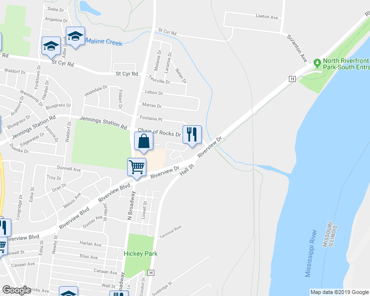 map of restaurants, bars, coffee shops, grocery stores, and more near 874 River Run Court in St. Louis