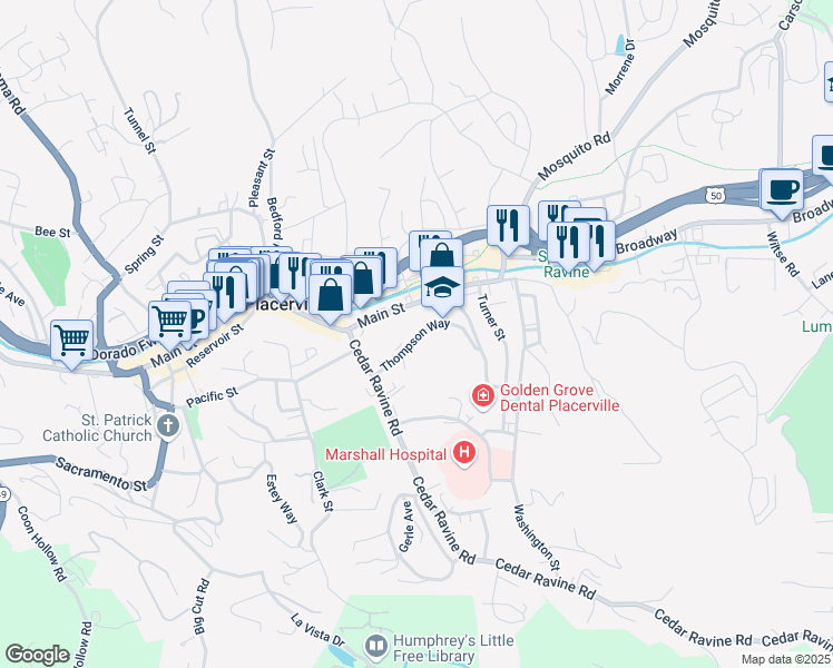 map of restaurants, bars, coffee shops, grocery stores, and more near 1031 Thompson Way in Placerville