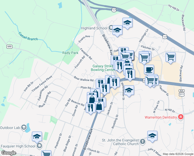 map of restaurants, bars, coffee shops, grocery stores, and more near 560 Tiffany Court in Warrenton