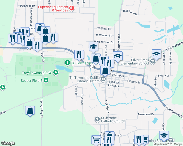 map of restaurants, bars, coffee shops, grocery stores, and more near 120 Collinsville Road in Troy