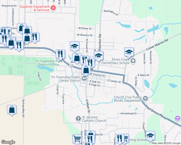 map of restaurants, bars, coffee shops, grocery stores, and more near in Troy