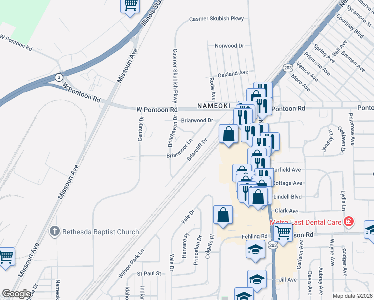 map of restaurants, bars, coffee shops, grocery stores, and more near 156 Briarmoor Lane in Granite City
