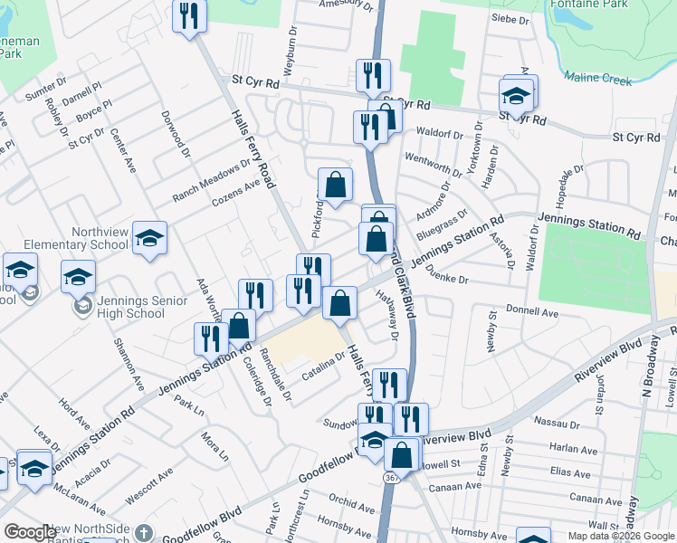 map of restaurants, bars, coffee shops, grocery stores, and more near 9412 Bluegrass Drive in Jennings