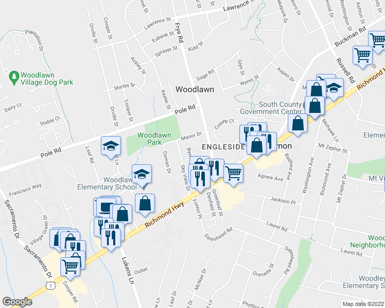 map of restaurants, bars, coffee shops, grocery stores, and more near 8435 Byers Drive in Alexandria