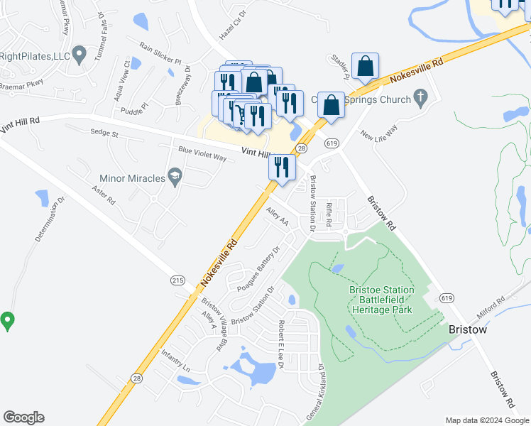 map of restaurants, bars, coffee shops, grocery stores, and more near 11896 Frank Haskell Court in Bristow