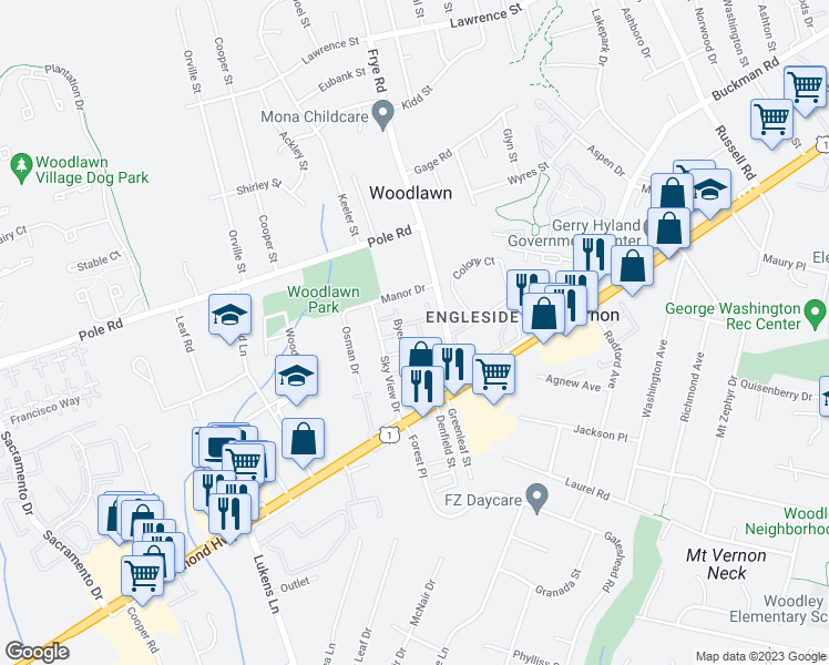 map of restaurants, bars, coffee shops, grocery stores, and more near 8426 Hallie Rose Street in Alexandria