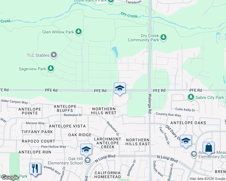 map of restaurants, bars, coffee shops, grocery stores, and more near 4558 PFE Road in Roseville