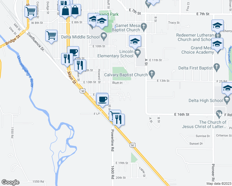 map of restaurants, bars, coffee shops, grocery stores, and more near 501 East 14th Street in Delta
