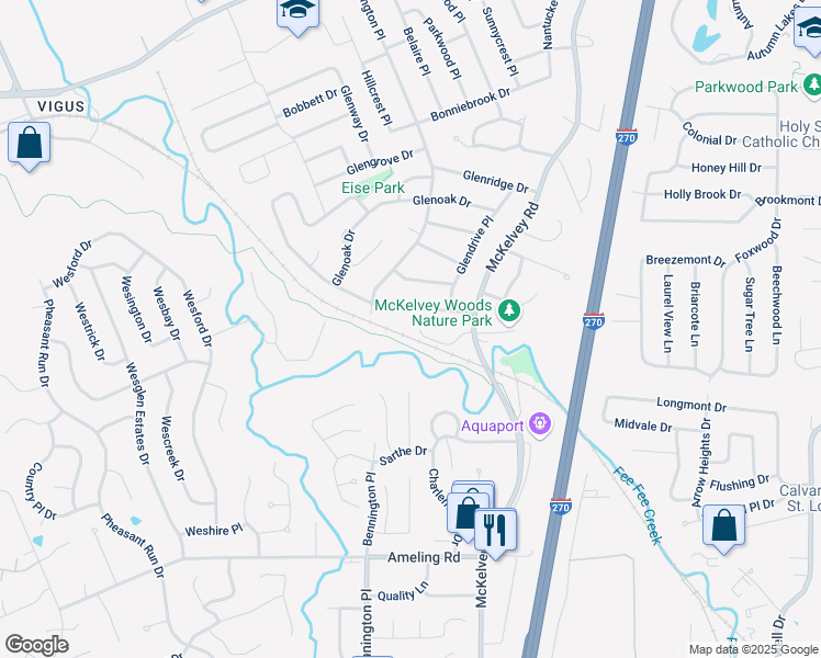 map of restaurants, bars, coffee shops, grocery stores, and more near 11942 Katiejo Court in Maryland Heights