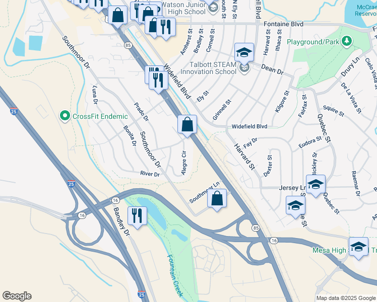 map of restaurants, bars, coffee shops, grocery stores, and more near 7120 Alegre Circle in Fountain