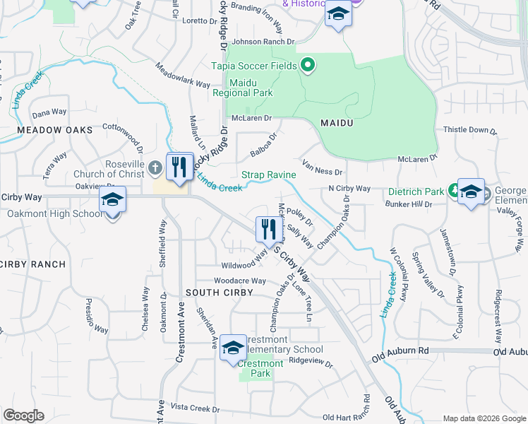 map of restaurants, bars, coffee shops, grocery stores, and more near 1869 Nighthawk Circle in Roseville