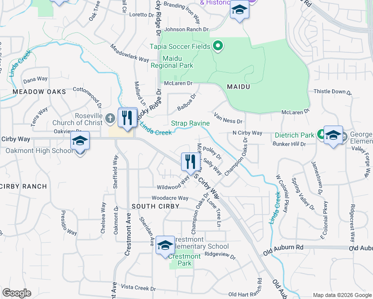 map of restaurants, bars, coffee shops, grocery stores, and more near 1869 Nighthawk Circle in Roseville