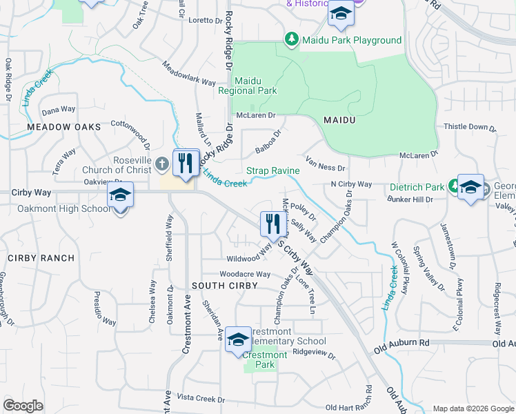 map of restaurants, bars, coffee shops, grocery stores, and more near 1817 Nighthawk Circle in Roseville