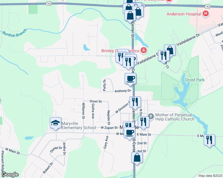 map of restaurants, bars, coffee shops, grocery stores, and more near 305 Anthony Drive in Maryville