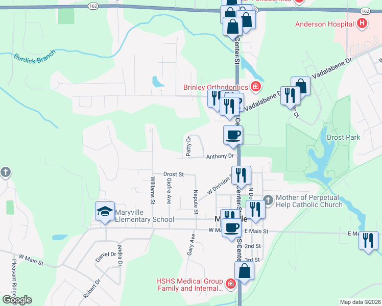 map of restaurants, bars, coffee shops, grocery stores, and more near 400 Anthony Drive in Maryville