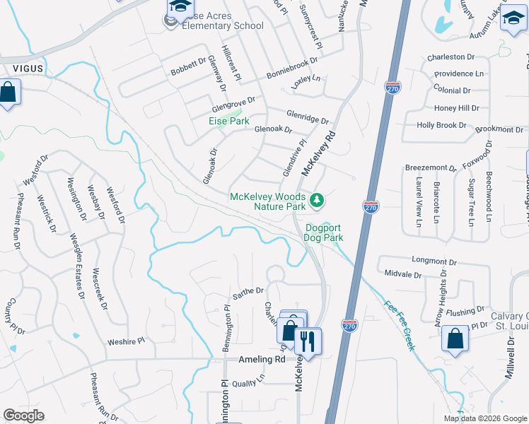 map of restaurants, bars, coffee shops, grocery stores, and more near 11923 Katiejo Court in Maryland Heights