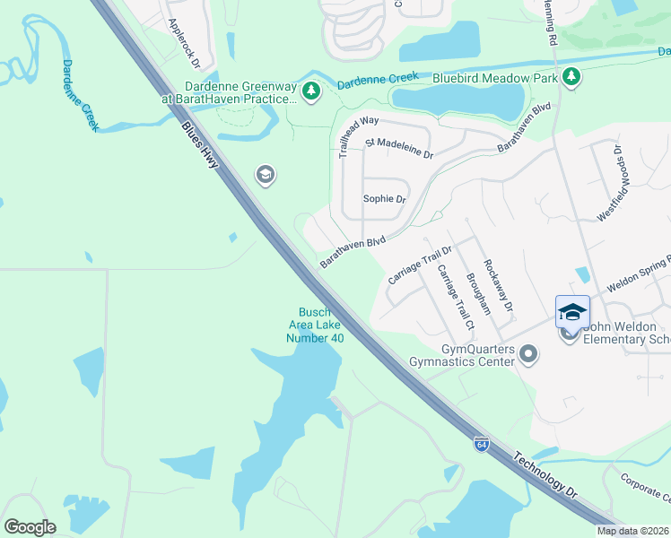 map of restaurants, bars, coffee shops, grocery stores, and more near 1030 Barathaven Boulevard in Dardenne Prairie