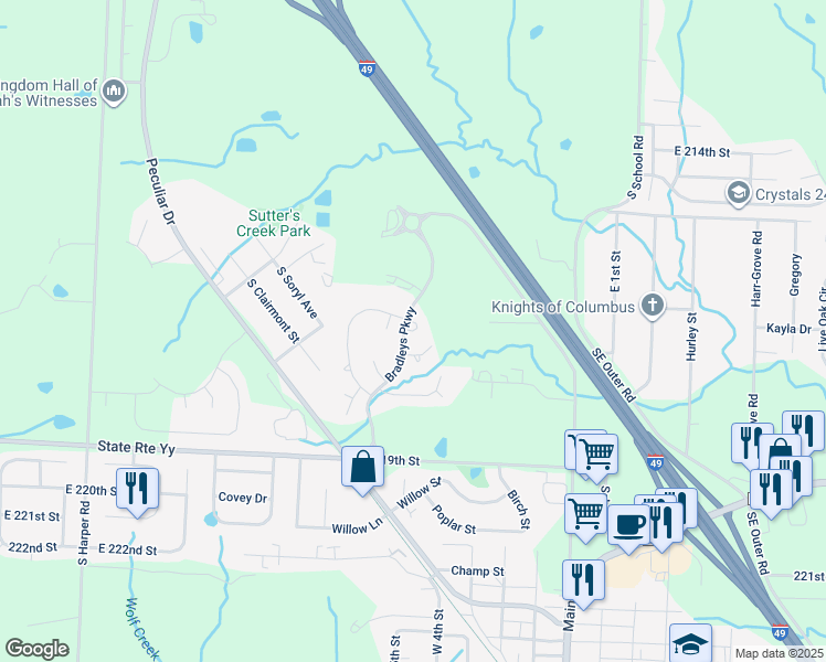 map of restaurants, bars, coffee shops, grocery stores, and more near 21617 Westover Court in Peculiar