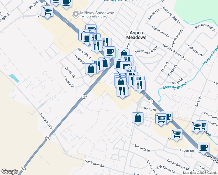 map of restaurants, bars, coffee shops, grocery stores, and more near 112 Paynter Lane in Rehoboth Beach