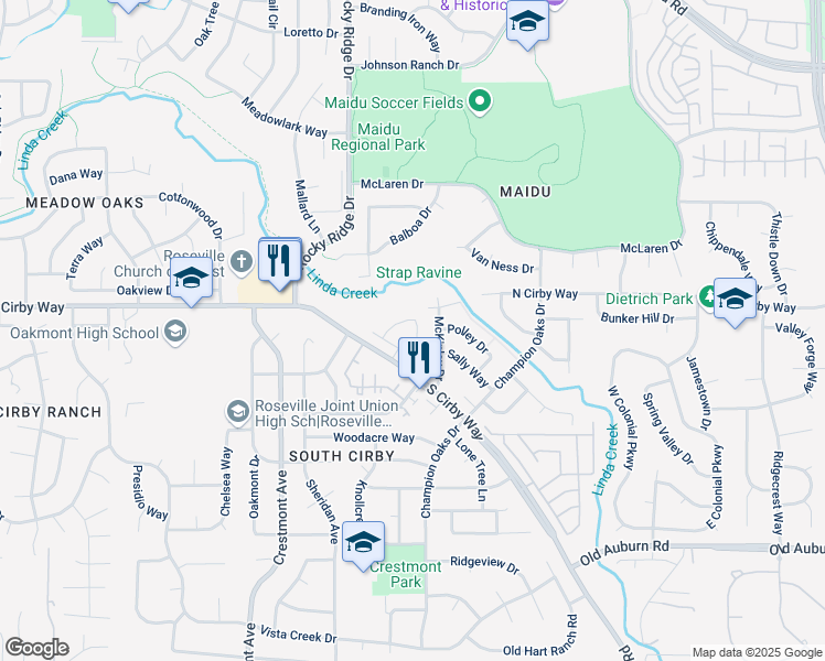 map of restaurants, bars, coffee shops, grocery stores, and more near 1860 Nighthawk Circle in Roseville