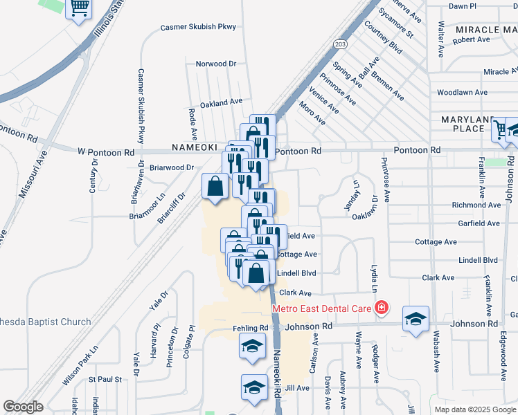 map of restaurants, bars, coffee shops, grocery stores, and more near 3717 Nameoki Road in Granite City