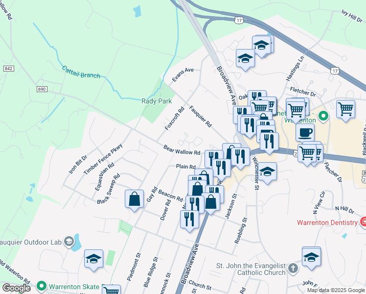 map of restaurants, bars, coffee shops, grocery stores, and more near 405 Forest Court in Warrenton